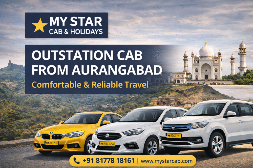 Promotional banner for My Star Cab & Holidays highlighting outstation cab service from Aurangabad with company logo and comfortable taxi travel theme.