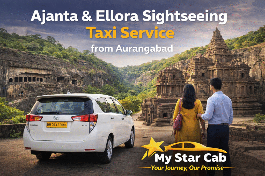 My Star Cab & Holidays taxi parked near Ajanta and Ellora Caves, offering comfortable sightseeing taxi service from Aurangabad