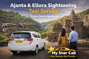 My Star Cab & Holidays taxi parked near Ajanta and Ellora Caves, offering comfortable sightseeing taxi service from Aurangabad